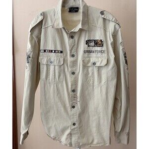 Tool Jeans Beige Long Sleeve Military Shirt Men XL Patches Studded Urban Force